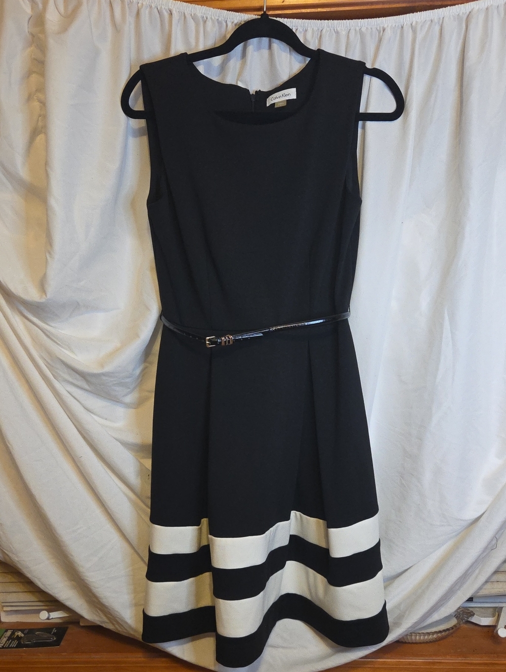 Calvin Klein Black Dress with White Striped Hem
